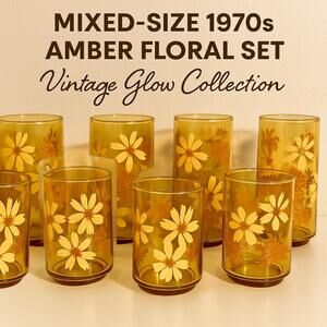 Vintage Amber Floral Glass Set – 8 Mixed-Size Daisy Tumblers 1970s